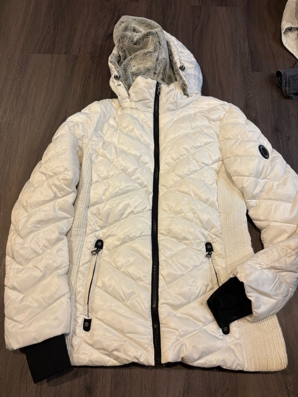 Nautica Cream Quilted Hooded Puffer Jacket with Faux-Fur Hood Lining